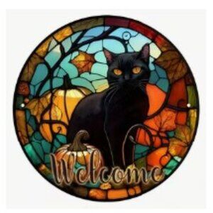 1pc 8"x8" Aluminum Sign, Welcome Black Cat Wall Sign, Halloween Decor